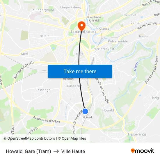 Howald, Gare (Tram) to Ville Haute map