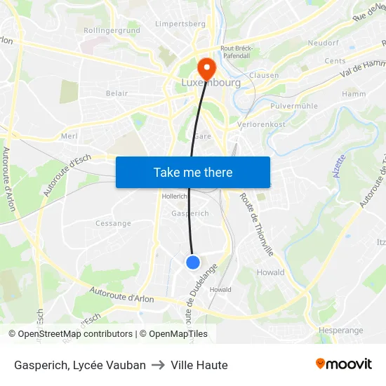 Gasperich, Lycée Vauban to Ville Haute map