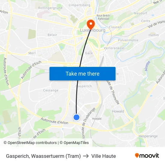 Gasperich, Waassertuerm (Tram) to Ville Haute map