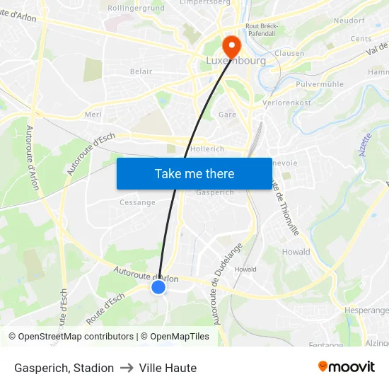 Gasperich, Stadion to Ville Haute map