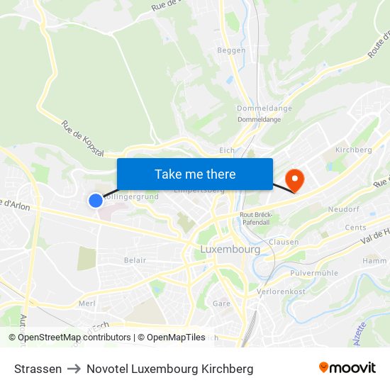 Strassen to Novotel Luxembourg Kirchberg map