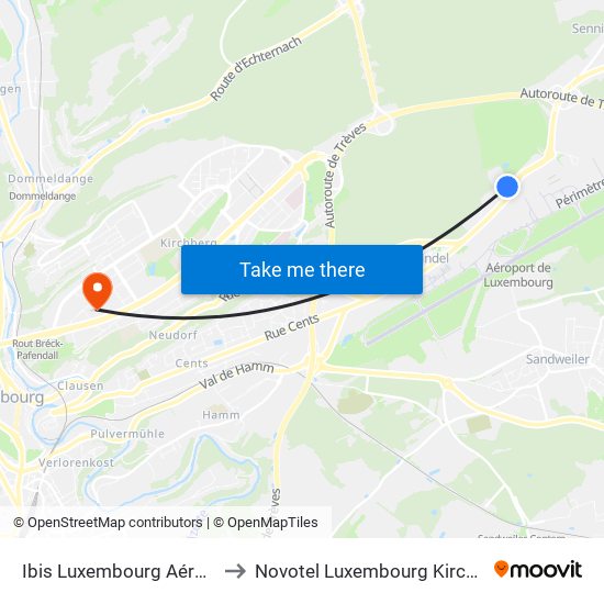 Ibis Luxembourg Aéroport to Novotel Luxembourg Kirchberg map