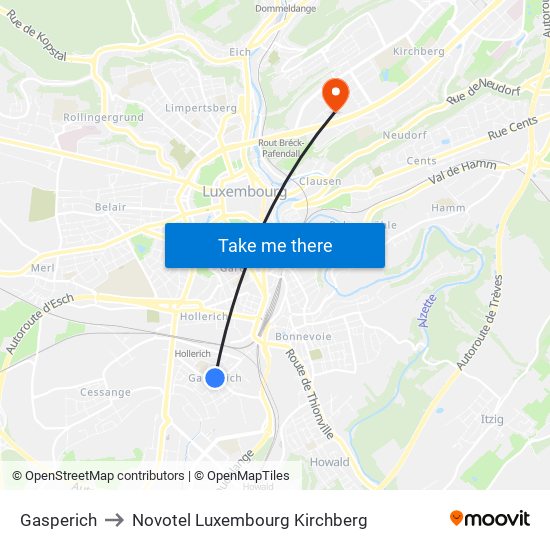 Gasperich to Novotel Luxembourg Kirchberg map