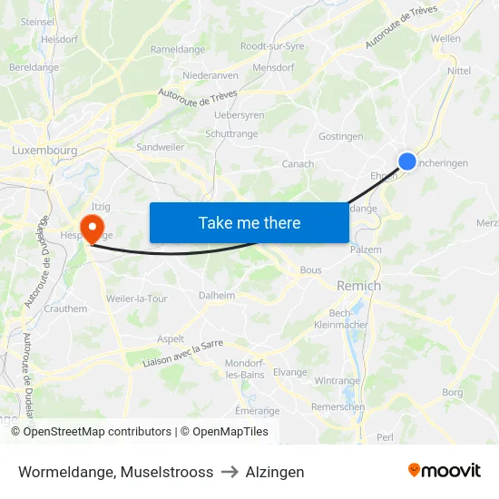 Wormeldange, Muselstrooss to Alzingen map