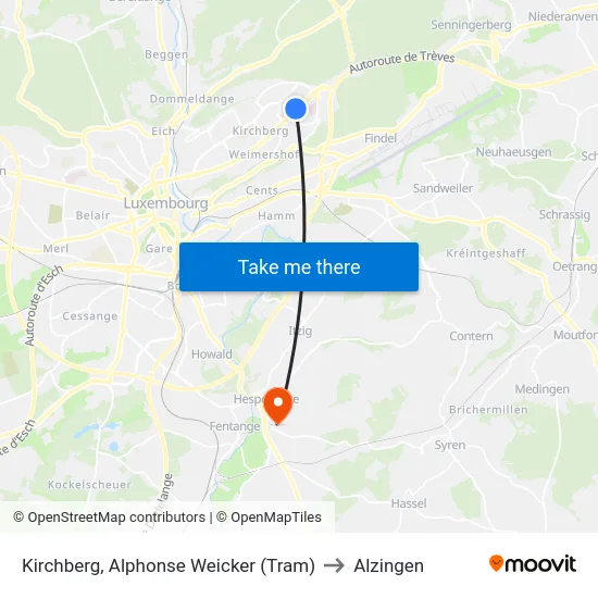 Kirchberg, Alphonse Weicker (Tram) to Alzingen map