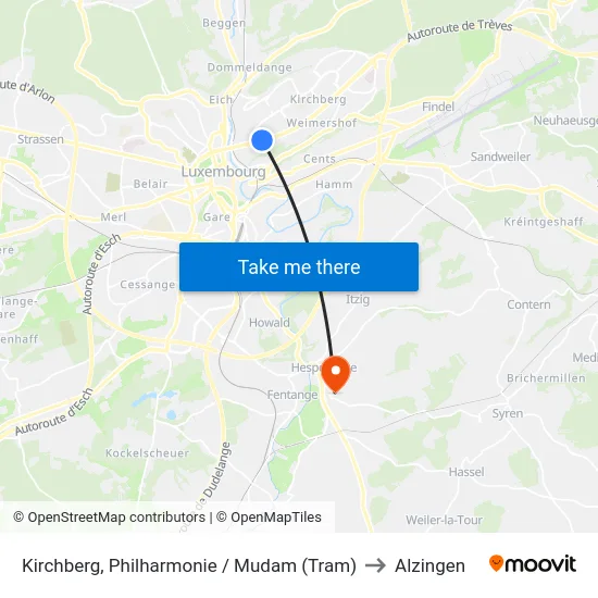 Kirchberg, Philharmonie / Mudam (Tram) to Alzingen map