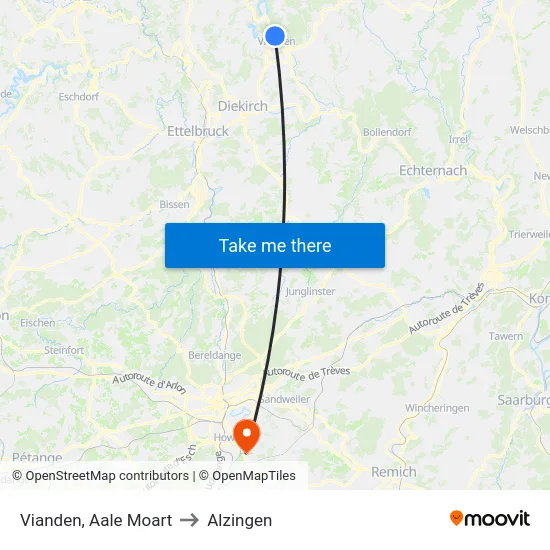 Vianden, Aale Moart to Alzingen map