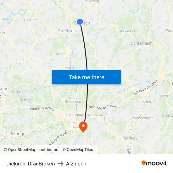 Diekirch, Dräi Braken to Alzingen map