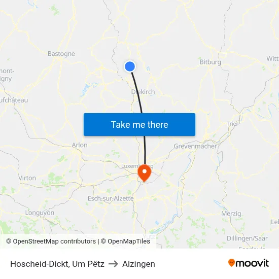 Hoscheid-Dickt, Um Pëtz to Alzingen map