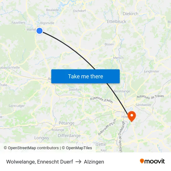 Wolwelange, Ennescht Duerf to Alzingen map