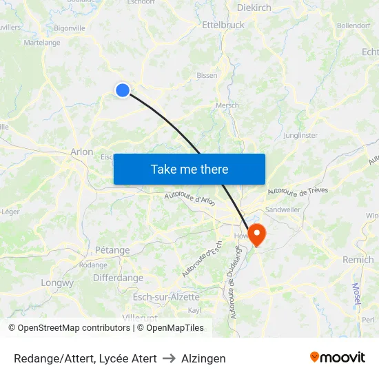 Redange/Attert, Lycée Atert to Alzingen map