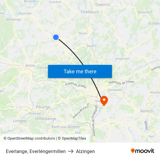 Everlange, Everléngermillen to Alzingen map
