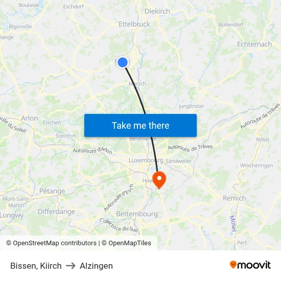 Bissen, Kiirch to Alzingen map