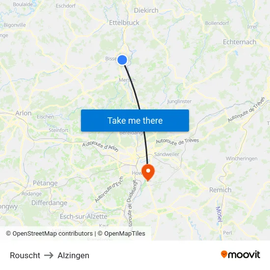 Rouscht to Alzingen map