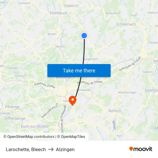 Larochette, Bleech to Alzingen map