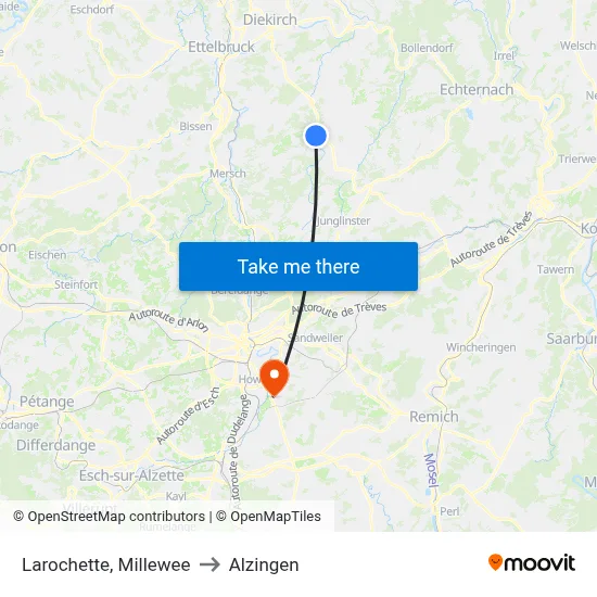 Larochette, Millewee to Alzingen map