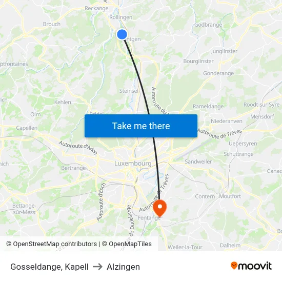 Gosseldange, Kapell to Alzingen map
