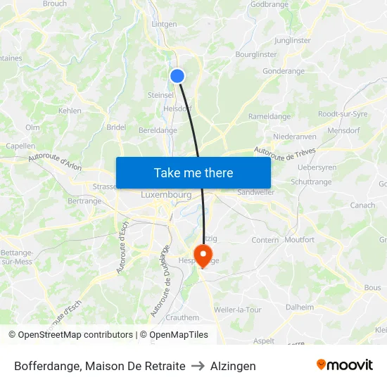 Bofferdange, Maison De Retraite to Alzingen map