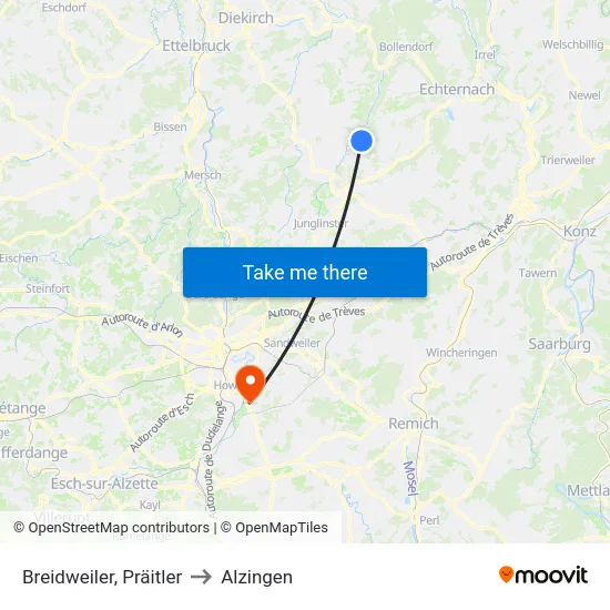 Breidweiler, Präitler to Alzingen map