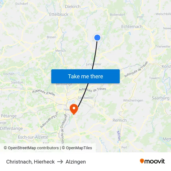 Christnach, Hierheck to Alzingen map