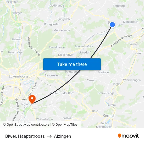 Biwer, Haaptstrooss to Alzingen map