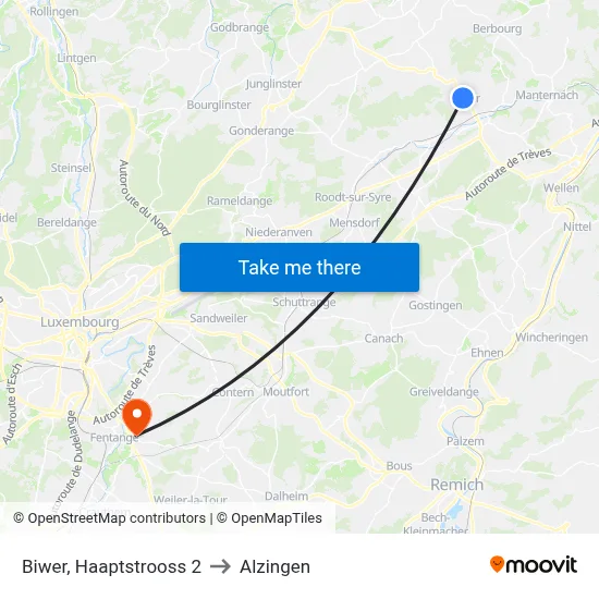 Biwer, Haaptstrooss 2 to Alzingen map