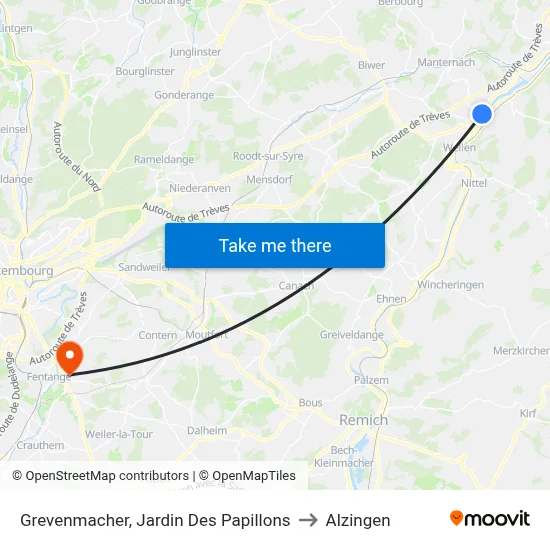 Grevenmacher, Jardin Des Papillons to Alzingen map