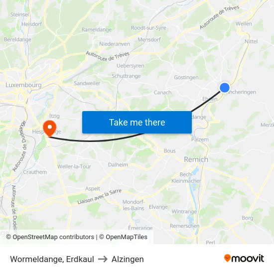 Wormeldange, Erdkaul to Alzingen map