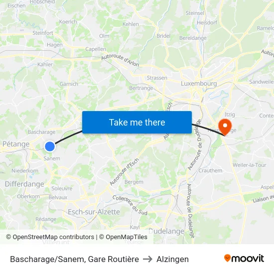 Bascharage/Sanem, Gare Routière to Alzingen map