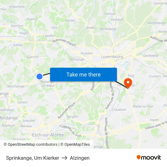 Sprinkange, Um Kierker to Alzingen map