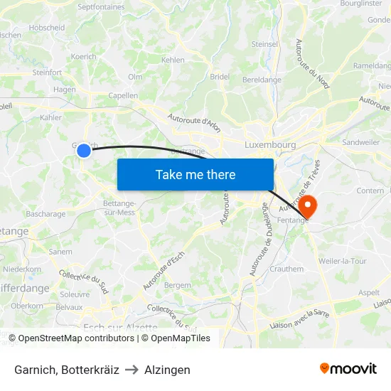 Garnich, Botterkräiz to Alzingen map