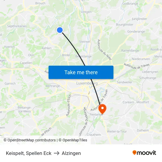 Keispelt, Spellen Eck to Alzingen map