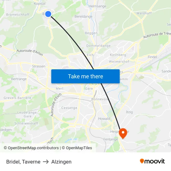 Bridel, Taverne to Alzingen map