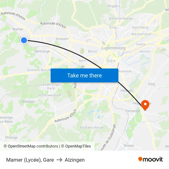 Mamer (Lycée), Gare to Alzingen map