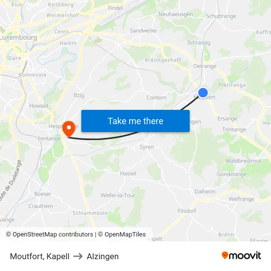 Moutfort, Kapell to Alzingen map