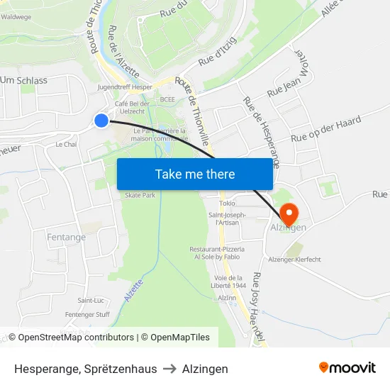 Hesperange, Sprëtzenhaus to Alzingen map