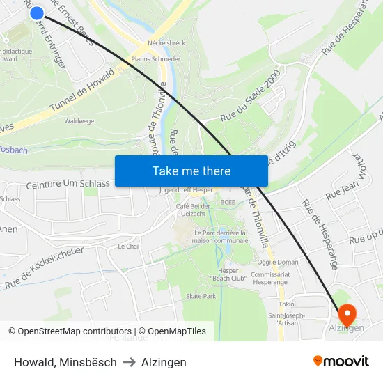 Howald, Minsbësch to Alzingen map