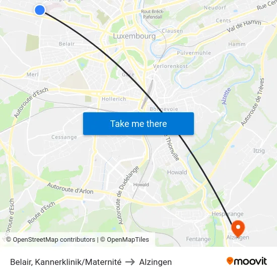 Belair, Kannerklinik/Maternité to Alzingen map