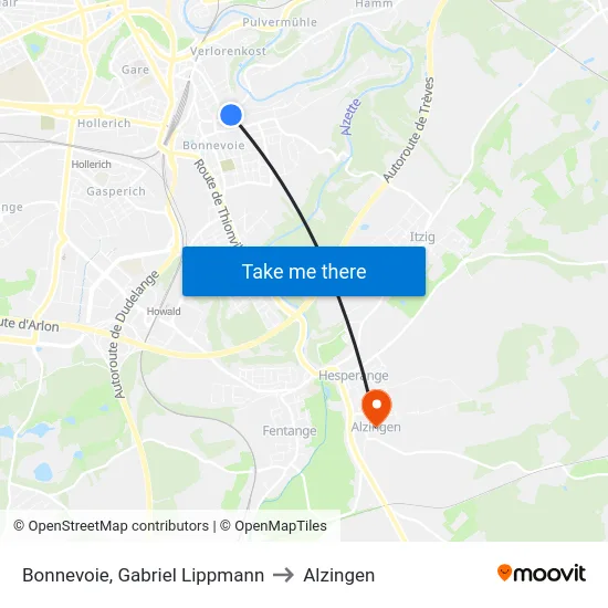 Bonnevoie, Gabriel Lippmann to Alzingen map