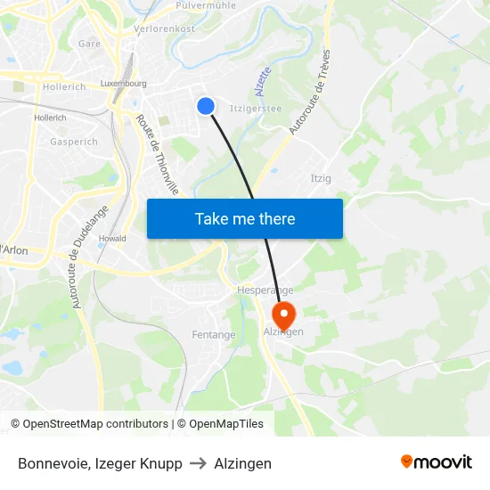 Bonnevoie, Izeger Knupp to Alzingen map