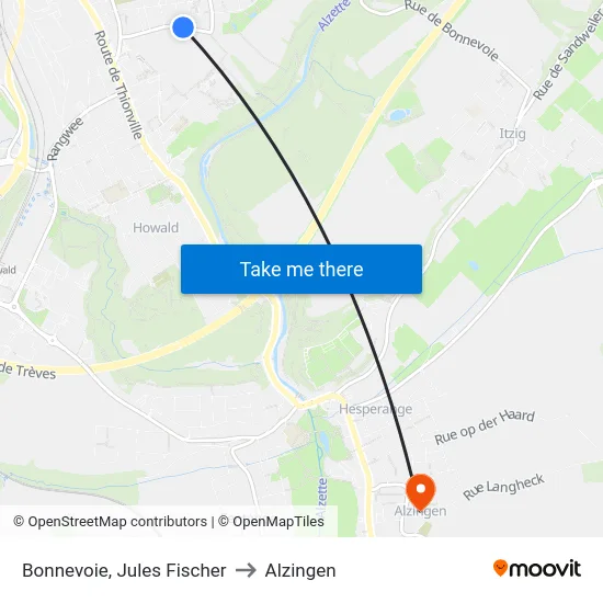 Bonnevoie, Jules Fischer to Alzingen map