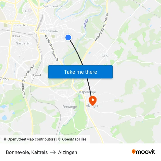 Bonnevoie, Kaltreis to Alzingen map