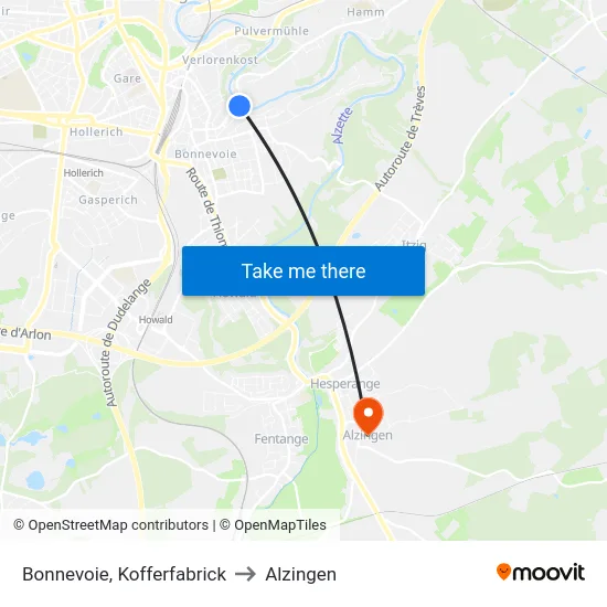 Bonnevoie, Kofferfabrick to Alzingen map