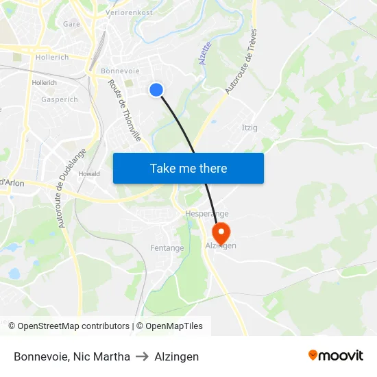 Bonnevoie, Nic Martha to Alzingen map