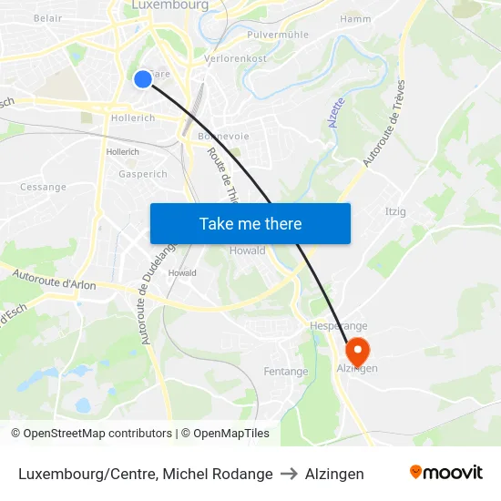 Luxembourg/Centre, Michel Rodange to Alzingen map
