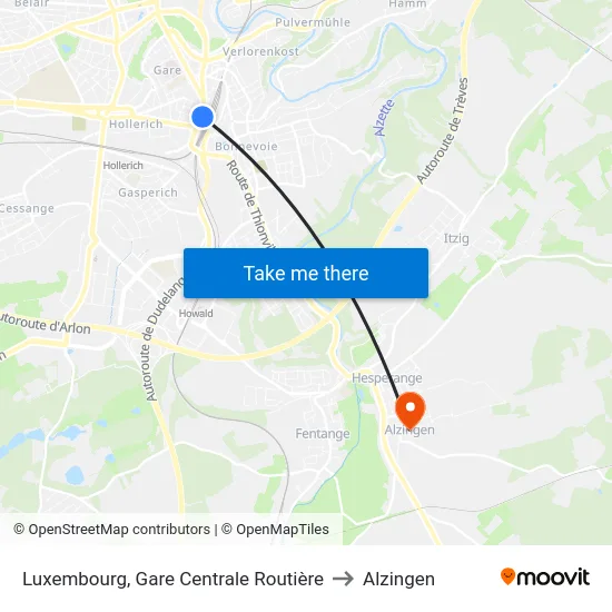 Luxembourg, Gare Centrale Routière to Alzingen map