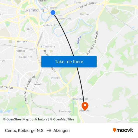 Cents, Kéibierg-I.N.S. to Alzingen map