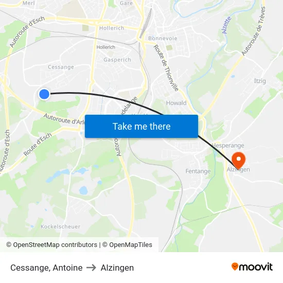 Cessange, Antoine to Alzingen map