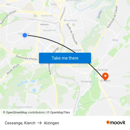 Cessange, Kierch to Alzingen map