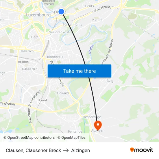 Clausen, Clausener Bréck to Alzingen map